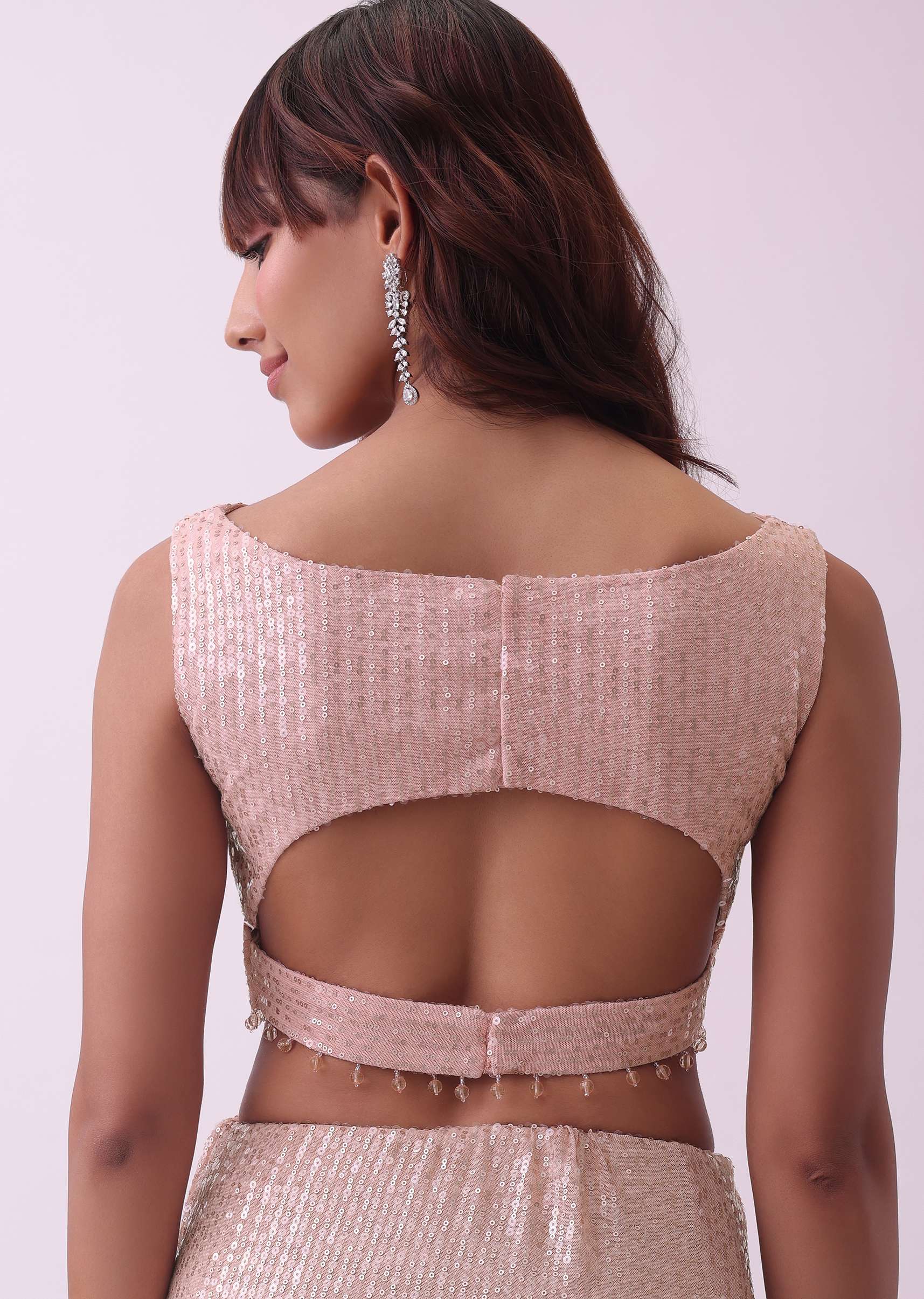 Off-White Saree And Stitched Blouse With Hanging Crystals