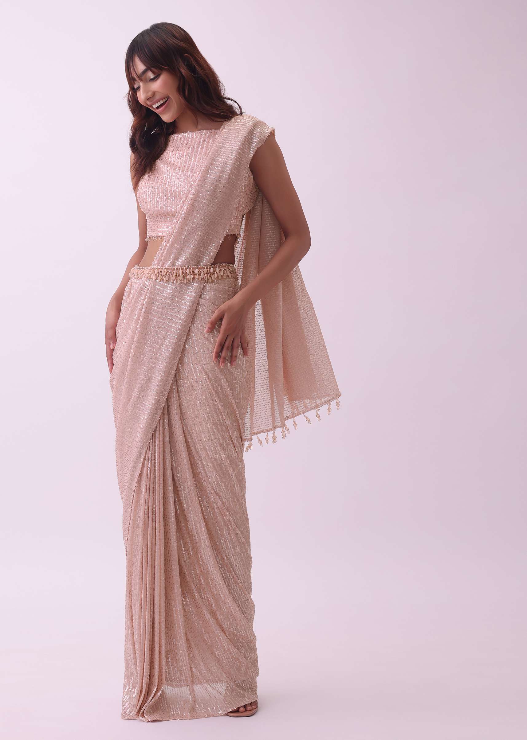 Off-White Saree And Stitched Blouse With Hanging Crystals