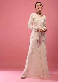 Off-White Sharara Suit In Georgette With Fully Embroidered Top & Flowy Pants