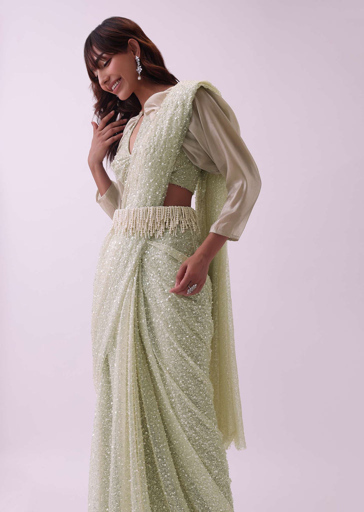 Off-White Pre Stitched Saree And Blouse Set In Sequins With Embroidered Pearl Belt