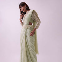 Off-White Pre Stitched Saree And Blouse Set In Sequins With Embroidered Pearl Belt