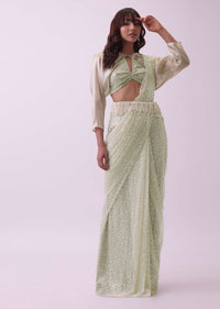Off-White Pre Stitched Saree And Blouse Set In Sequins With Embroidered Pearl Belt