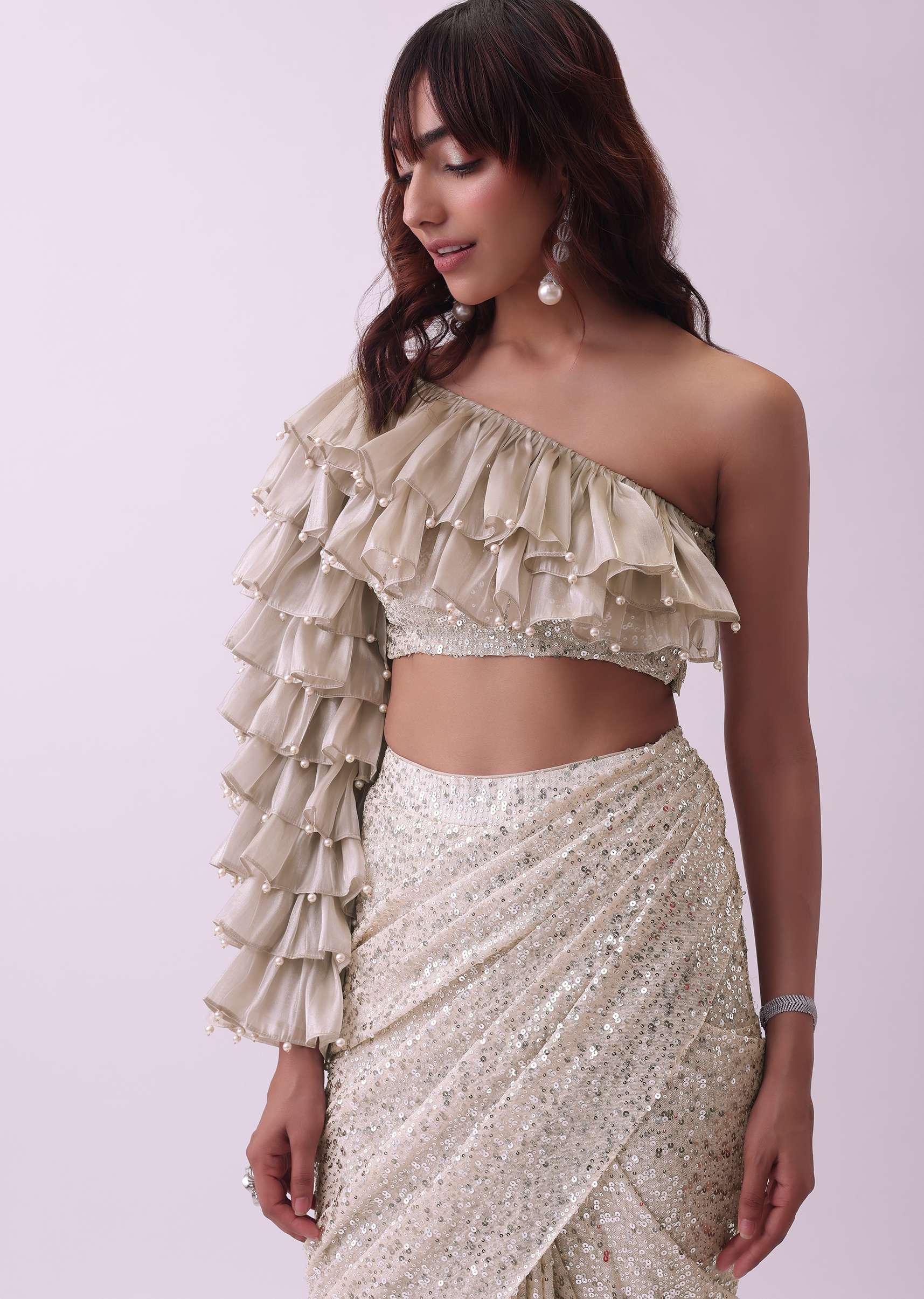 Off-White Pre Stitched Sequins Saree And Blouse With Pearl Finish