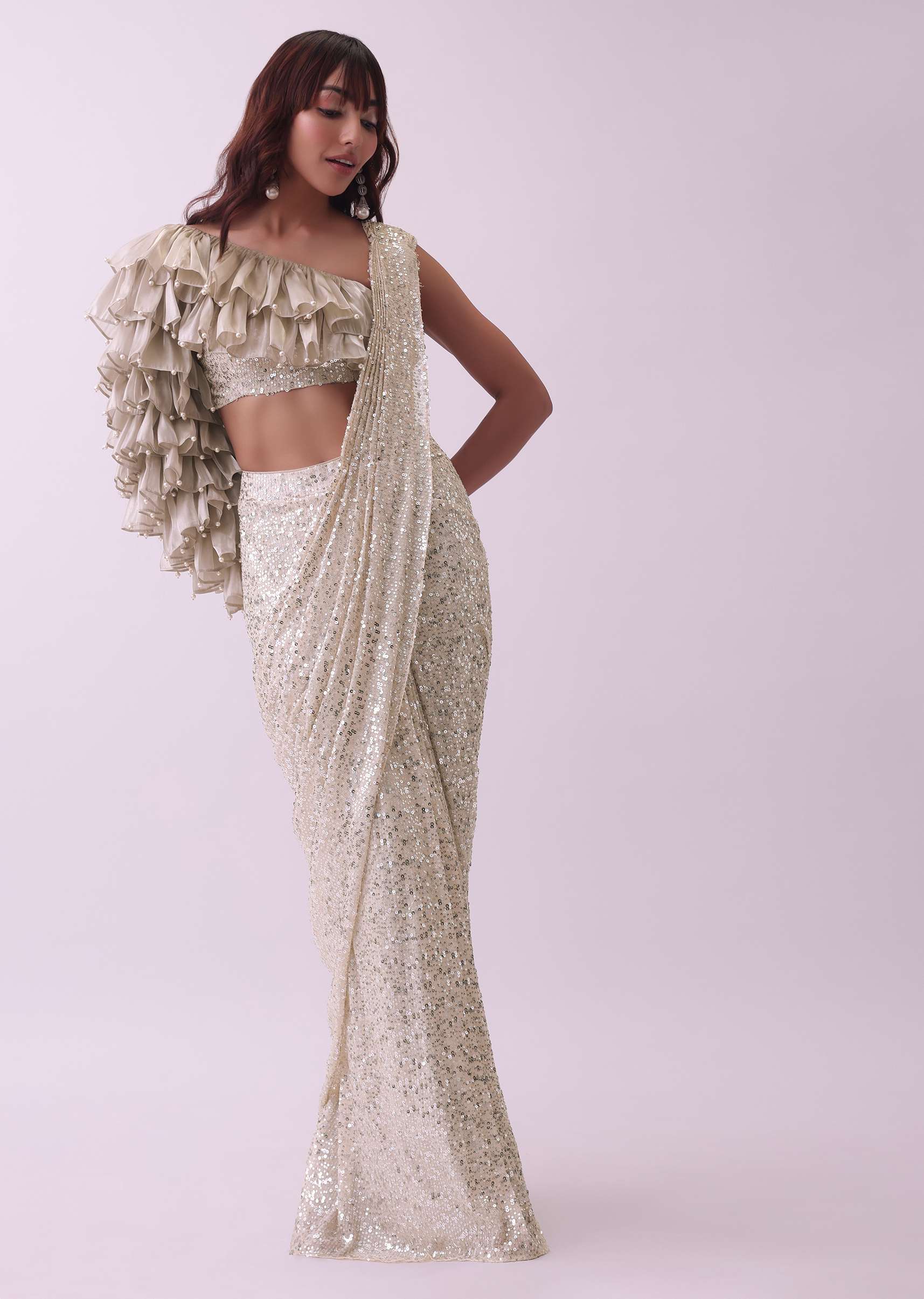 Off-White Pre Stitched Sequins Saree And Blouse With Pearl Finish