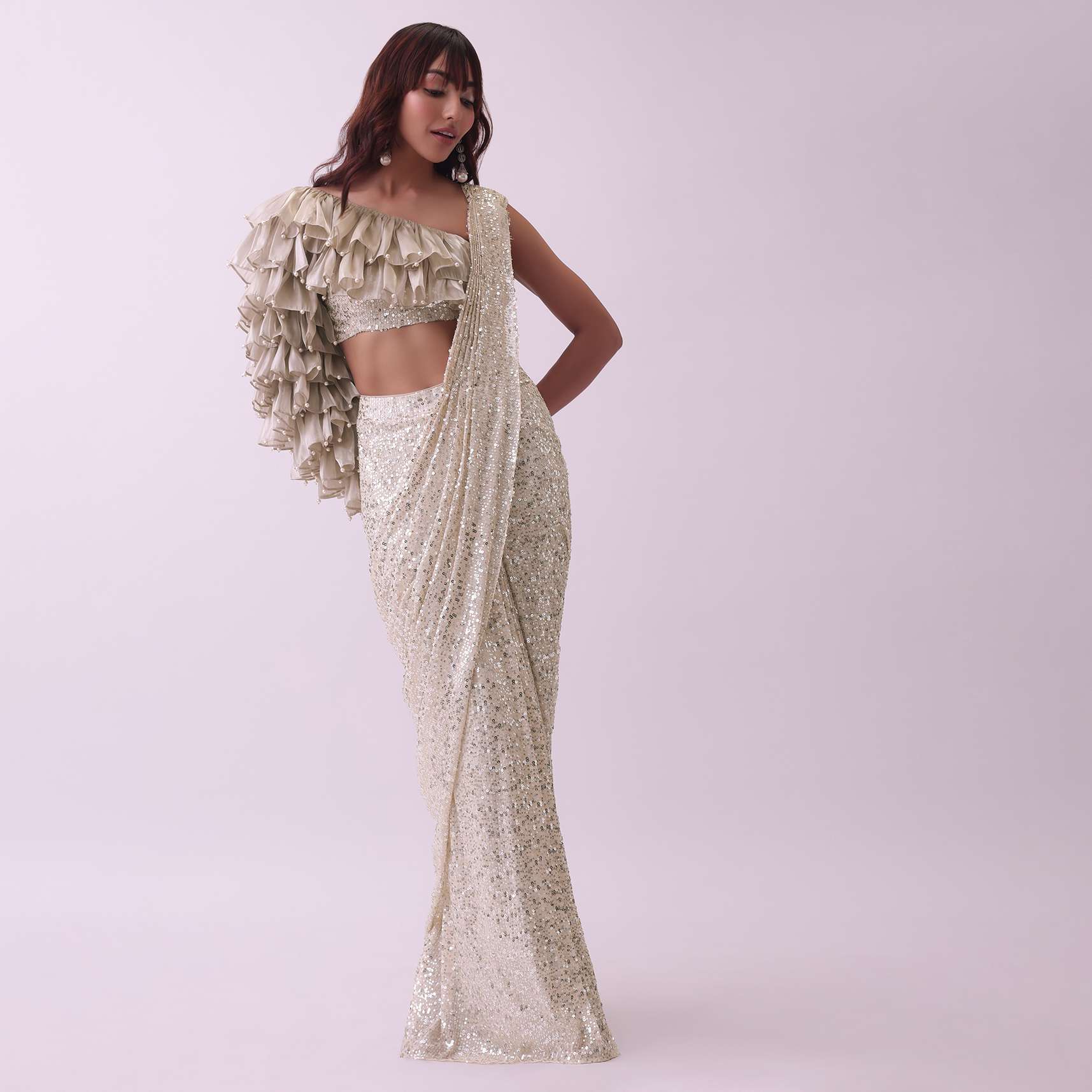 Off-White Pre Stitched Sequins Saree And Blouse With Pearl Finish