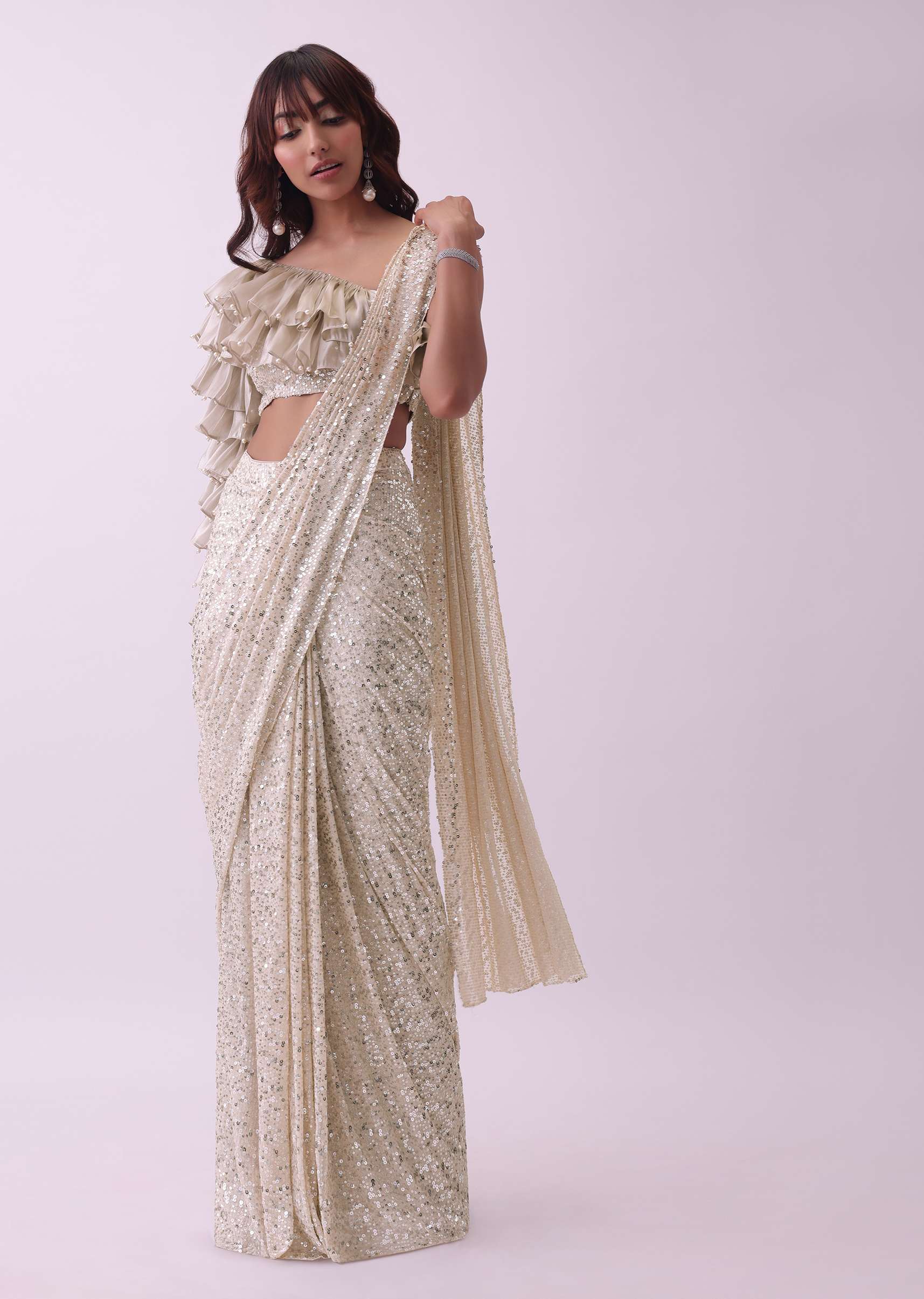 Off-White Pre Stitched Sequins Saree And Blouse With Pearl Finish