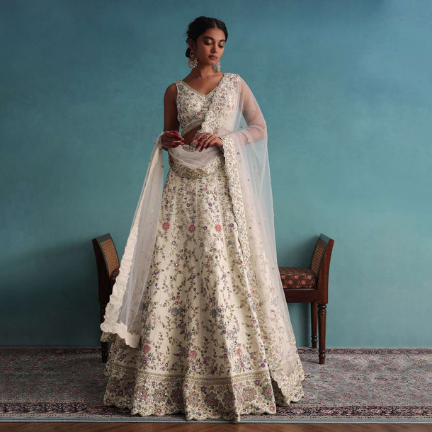 Off White 12 Kali Bridal Embroidered Lehenga In Raw Silk With Floral Handwork