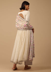 Off White Anarkali Suit Set In Organza With Multicolor Floral Embroidery