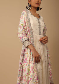 Off White Anarkali Suit Set In Organza With Multicolor Floral Embroidery