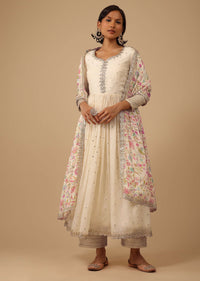Off White Anarkali Suit Set In Organza With Multicolor Floral Embroidery
