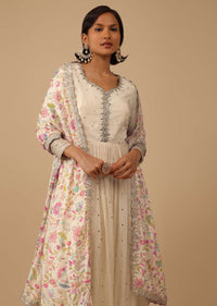 Off White Anarkali Suit Set In Organza With Multicolor Floral Embroidery