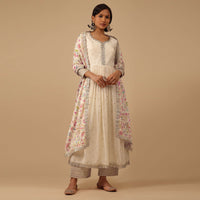 Off White Anarkali Suit Set In Organza With Multicolor Floral Embroidery