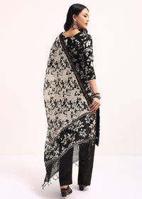 Off White And Black Printed Chanderi Kurta Set With Dupatta