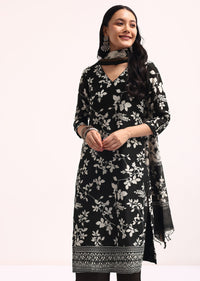 Off White And Black Printed Chanderi Kurta Set With Dupatta