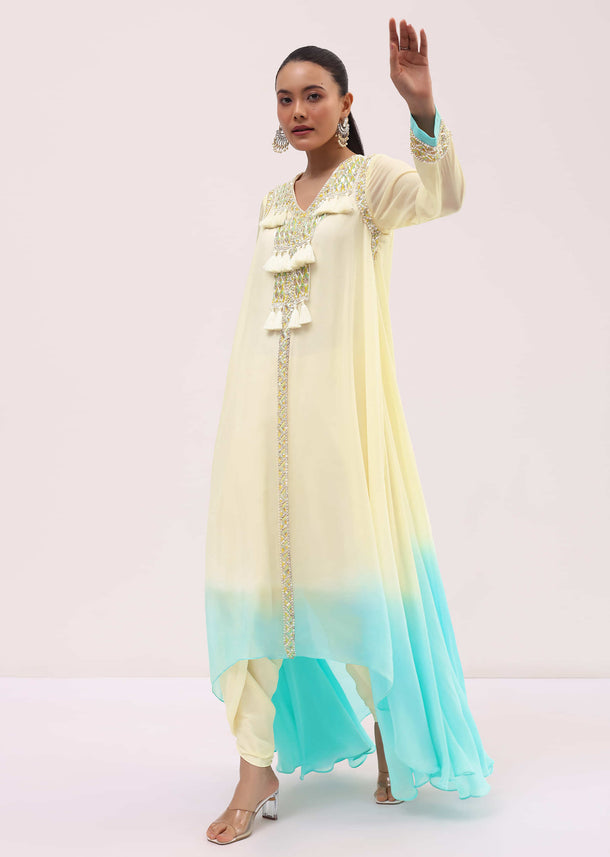 Off White And Blue Georgette Kurta Dhoti