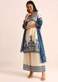 Off White And Blue Palazzo Set With Dupatta In Thread Work