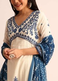 Off White And Blue Palazzo Set With Dupatta In Thread Work