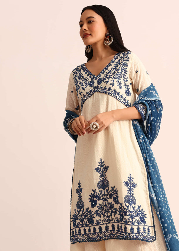 Off White And Blue Palazzo Set With Dupatta In Thread Work