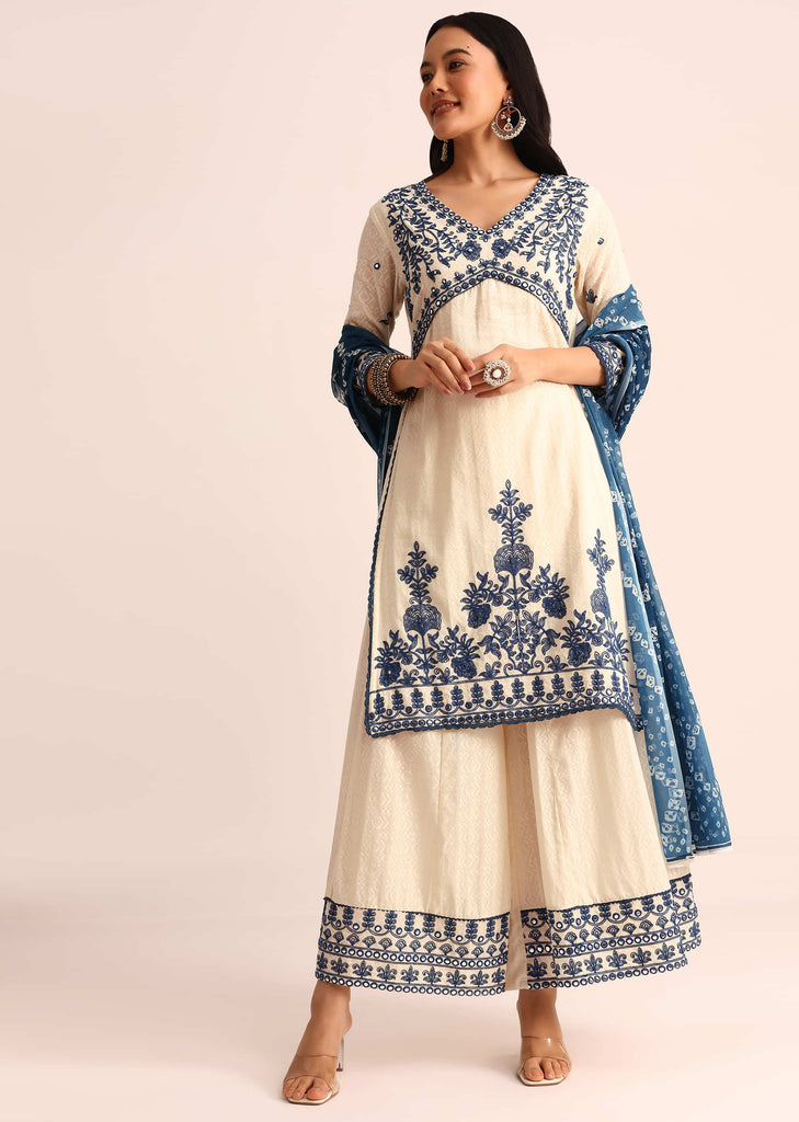 Off White And Blue Palazzo Set With Dupatta In Thread Work