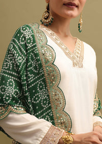 Off White And Green Cotton Silk Kurta Set With Dupatta
