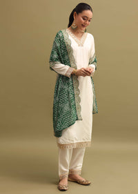 Off White And Green Cotton Silk Kurta Set With Dupatta
