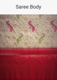 Off White And Pink Silk Saree With Traditional Paithani Motif Zari Woven Work