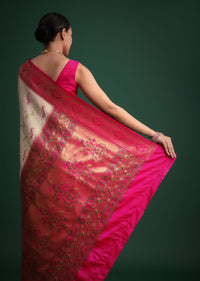 Off White And Pink Silk Saree With Traditional Paithani Motif Zari Woven Work