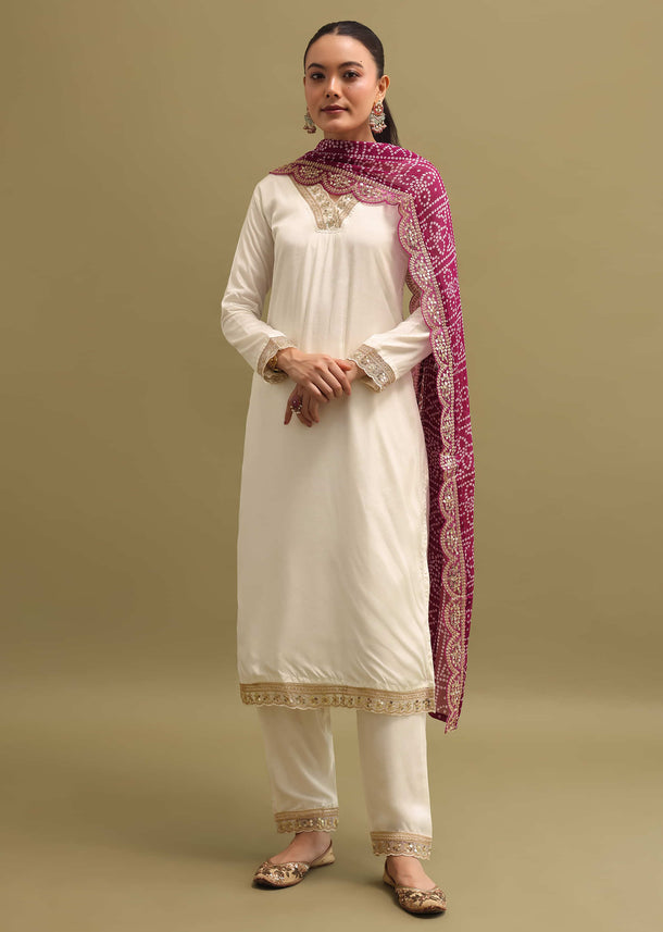 Off White And Purple Cotton Silk Kurta Set With Dupatta