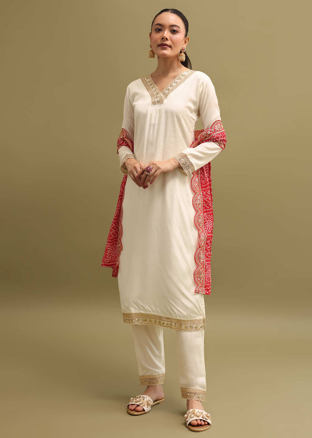 Off White And Red Cotton Silk Kurta Set With Dupatta