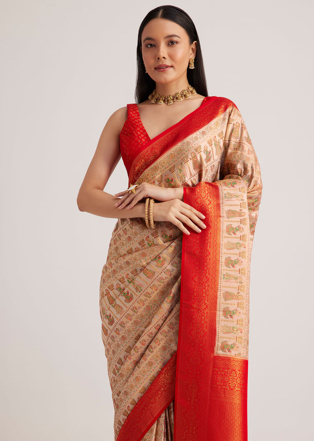 Off White Banarasi Silk Saree With Traditional Woven Contrast Border