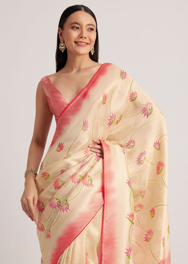 Off White Banarasi Silk Saree With Woven Contrast Red Border