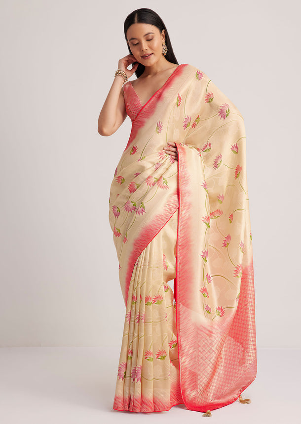 Off White Banarasi Silk Saree With Woven Contrast Red Border