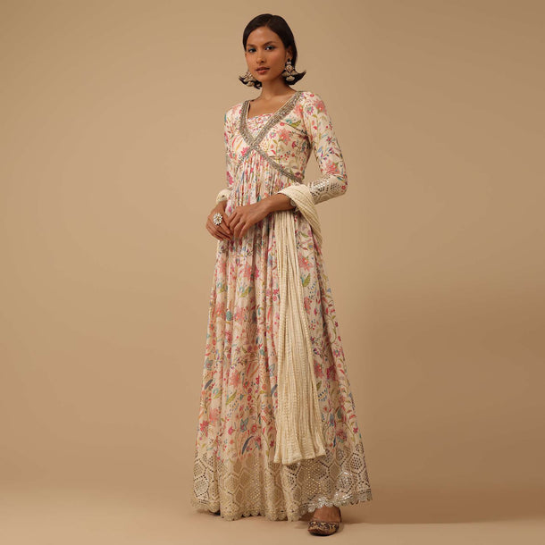 Off White Chinon Anarkali Suit Set With Floral Print And Flare