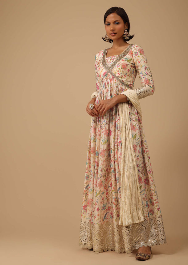 Off White Chinon Anarkali Suit Set With Floral Print And Flare