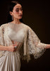 Off White Corset Gown With Sheer Waistline And Embroidered Cape