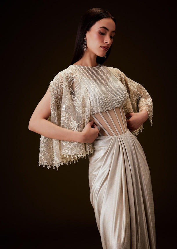 Off White Corset Gown With Sheer Waistline And Embroidered Cape