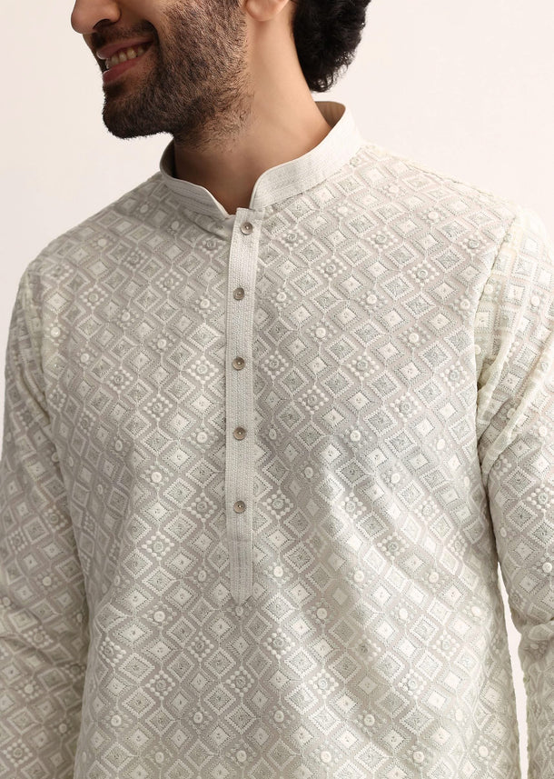 Off White Cotton Silk Embroidered Kurta Set For Men