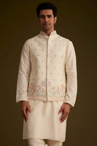 Off White Cotton Silk Jacket Set With Multicolored Floral Embroidery