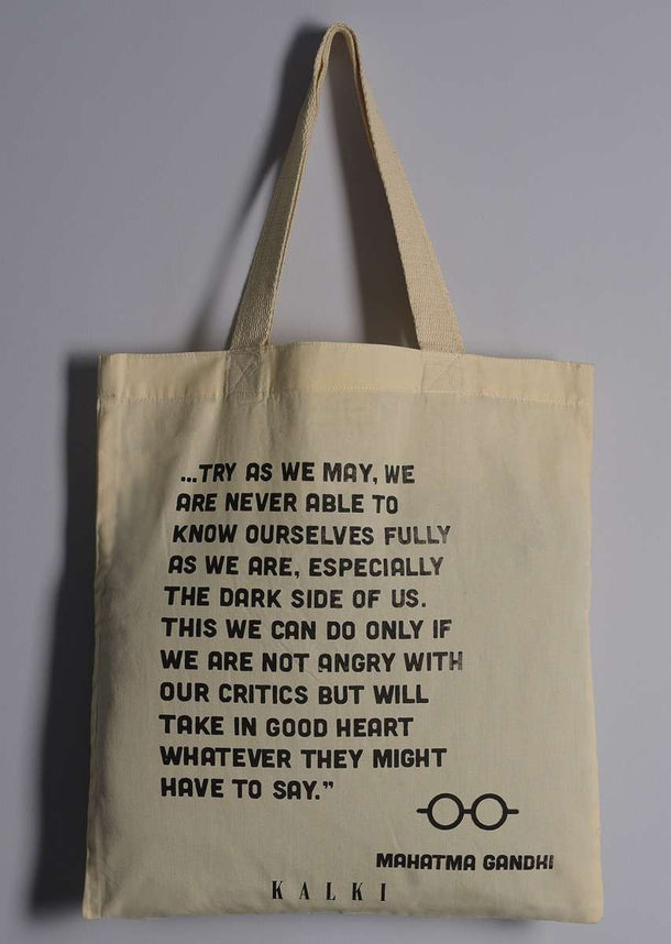 Off White Eco Friendly Bag With Printed Quotes Online - Kalki Fashion