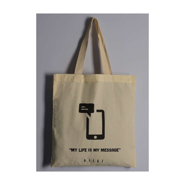 Off White Eco Friendly Bag With Quirky Printed Quotes Online - Kalki Fashion