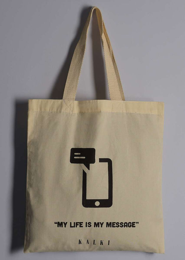 Off White Eco Friendly Bag With Quirky Printed Quotes Online - Kalki Fashion