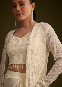 Off White Embroidered Croptop Skirt And Jacket Set