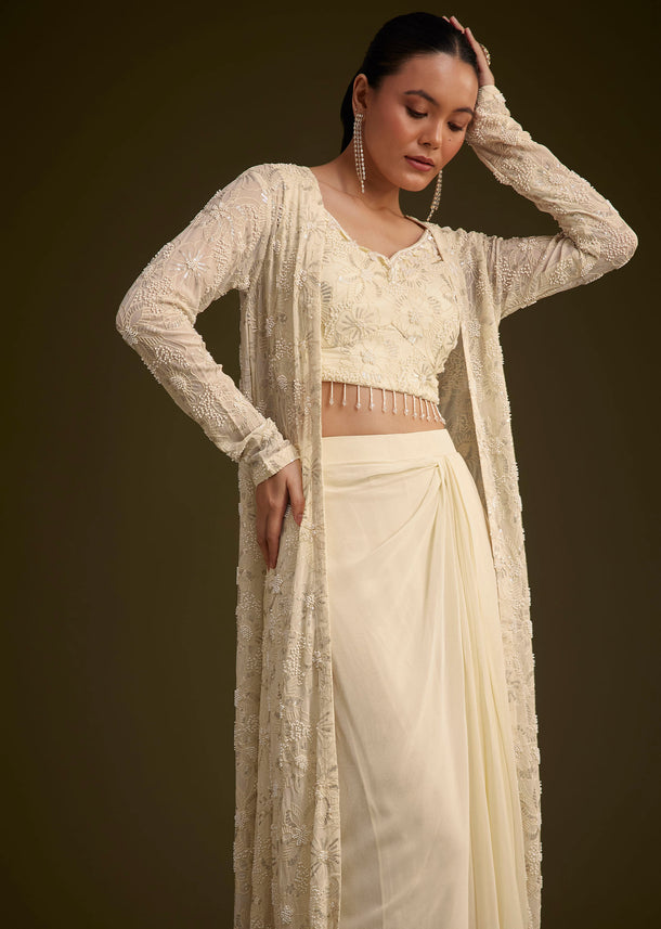 Off White Embroidered Croptop Skirt And Jacket Set
