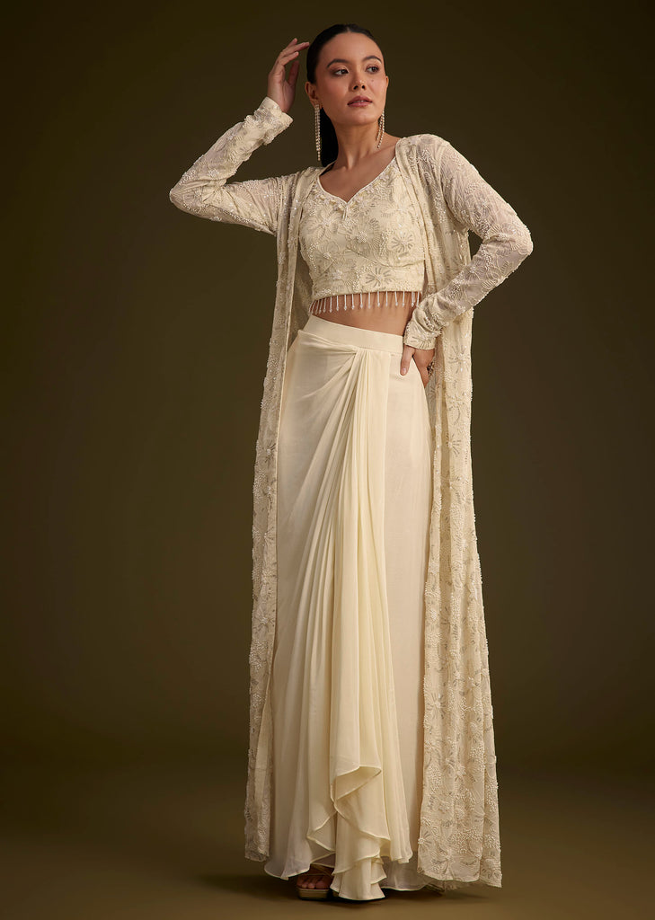 Off White Embroidered Croptop Skirt And Jacket Set