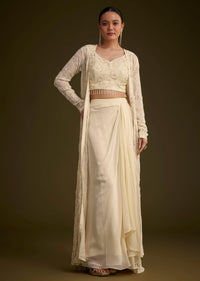 Off White Embroidered Croptop Skirt And Jacket Set