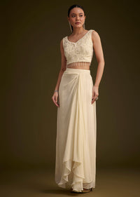Off White Embroidered Croptop Skirt And Jacket Set
