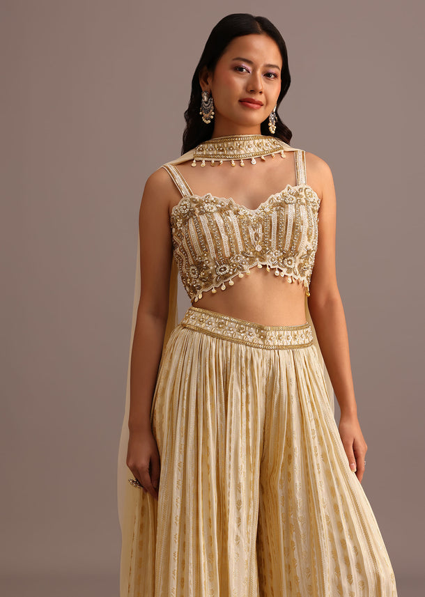Off White Embroidered Croptop With Banarasi Weave Palazzo And Choker Dupatta