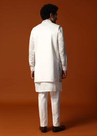 Off White Embroidered Kurta Jacket Set For Men