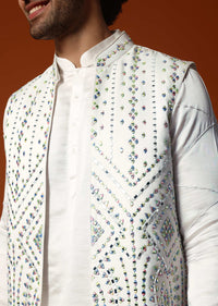 Off White Embroidered Kurta Jacket Set For Men