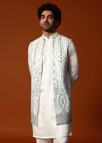 Off White Embroidered Kurta Jacket Set For Men